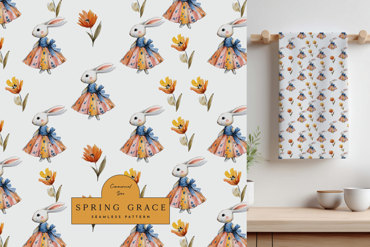 Watercolor Bunny Girl Seamless Pattern Pastel Floral Print