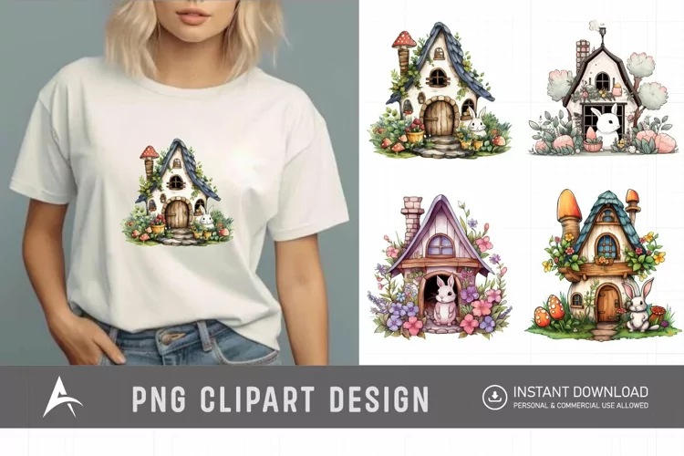 Watercolor Bunny House Clipart