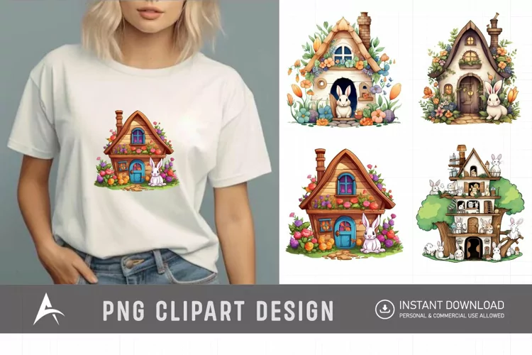 Watercolor Bunny House Clipart