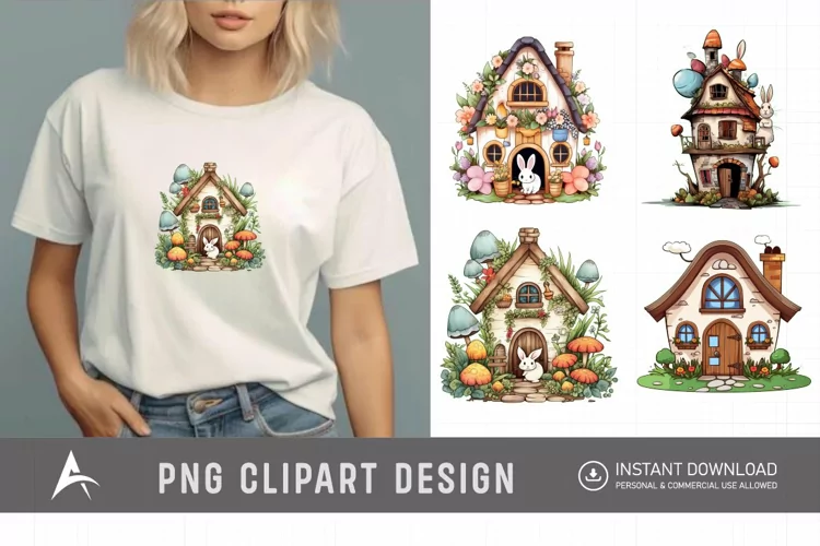 Watercolor Bunny House Clipart