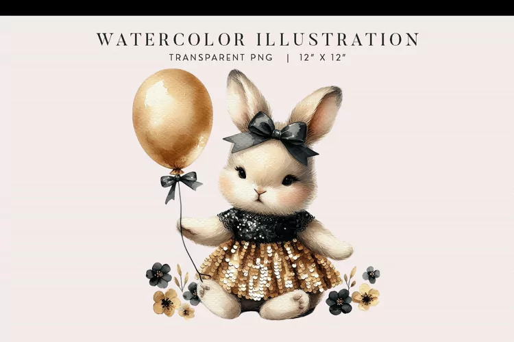 Watercolor Bunny New Year's Eve Clipart PNG