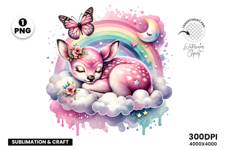 Watercolor Deer Rainbow Cloud Clipart Sublimation PNG