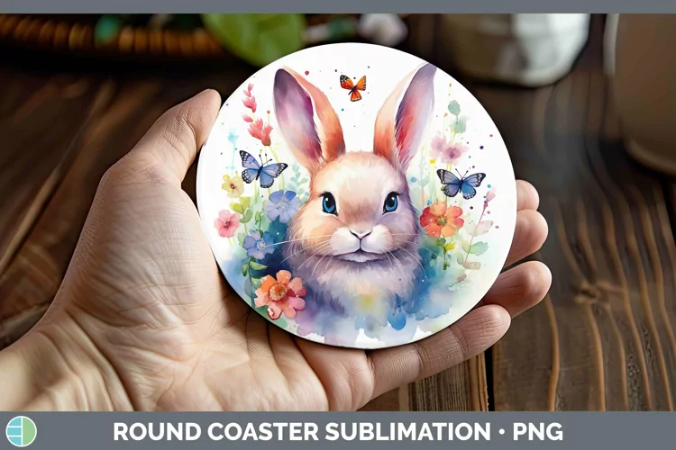 Watercolor Bunny Round Coaster | Sublimation Coaster Designs