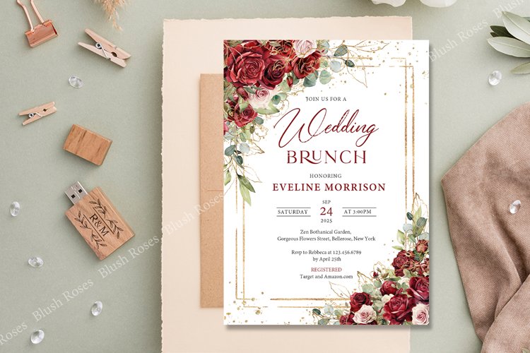 Burgundy and blush roses eucalyptus gold Brunch Invite #165