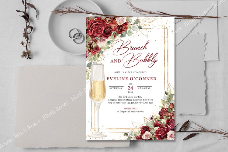 Burgundy and blush roses eucalyptus gold Brunch Invite #165 example image 1