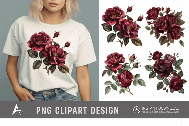 Watercolor Burgundy Roses Clipart