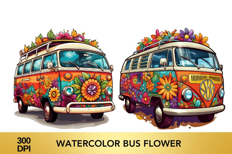 Watercolor Flower Bus clipart, Flower Bus sublimation example image 1