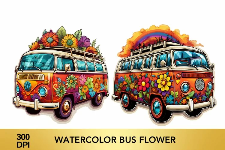 Watercolor Flower Bus clipart, Flower Bus sublimation