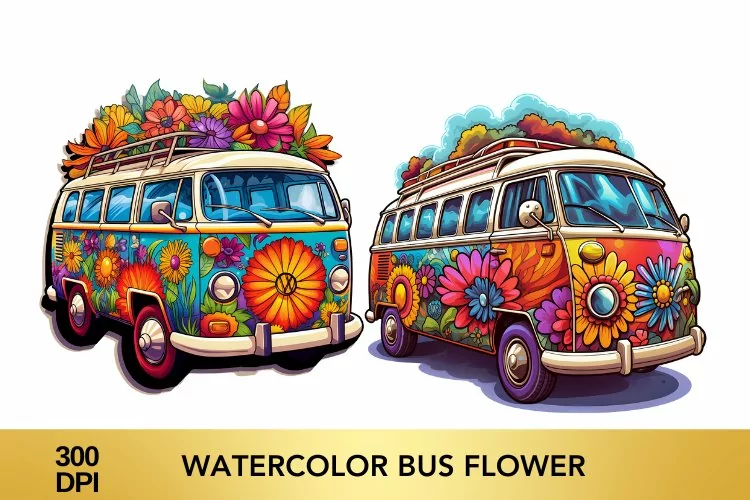 Watercolor Flower Bus clipart, Flower Bus sublimation