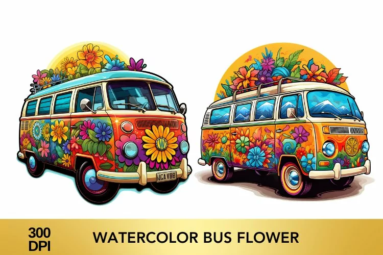 Watercolor Flower Bus clipart, Flower Bus sublimation