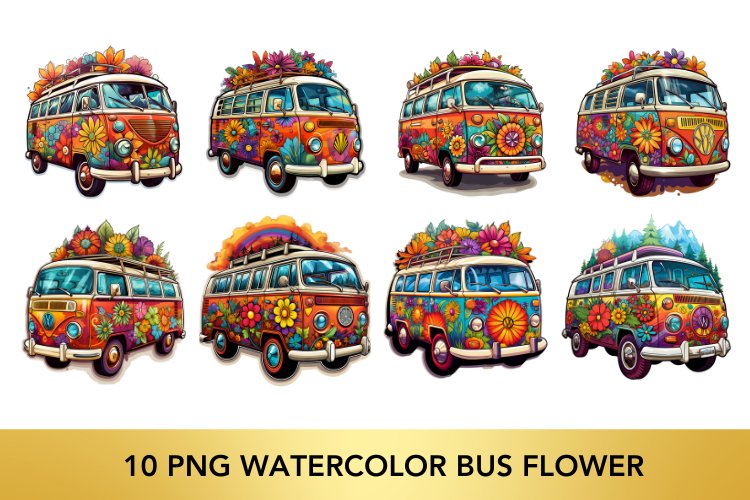 10 PNG Watercolor Flower Bus clipart, Flower Bus Bundle example image 1