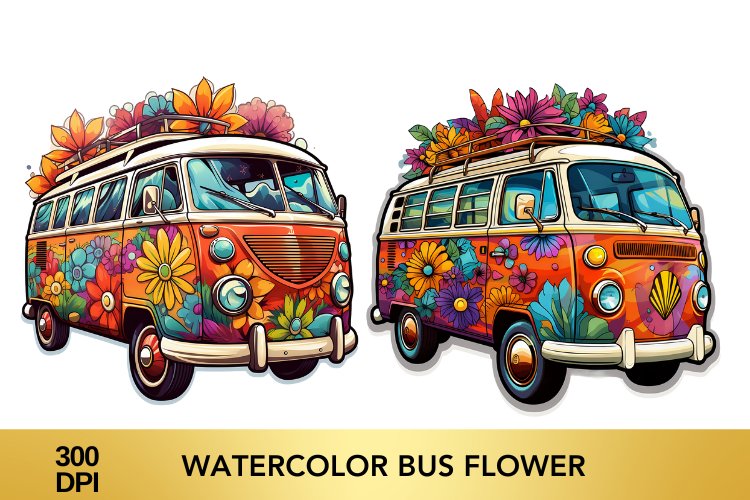 Watercolor Flower Bus clipart, Flower Bus sublimation