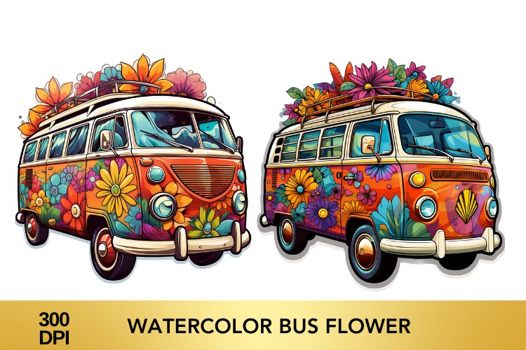 Watercolor Flower Bus clipart, Flower Bus sublimation example image 1