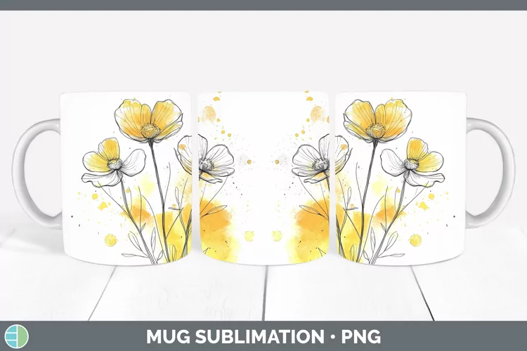 Watercolor Buttercup Mug Wrap Sublimation Coffee Cup Designs