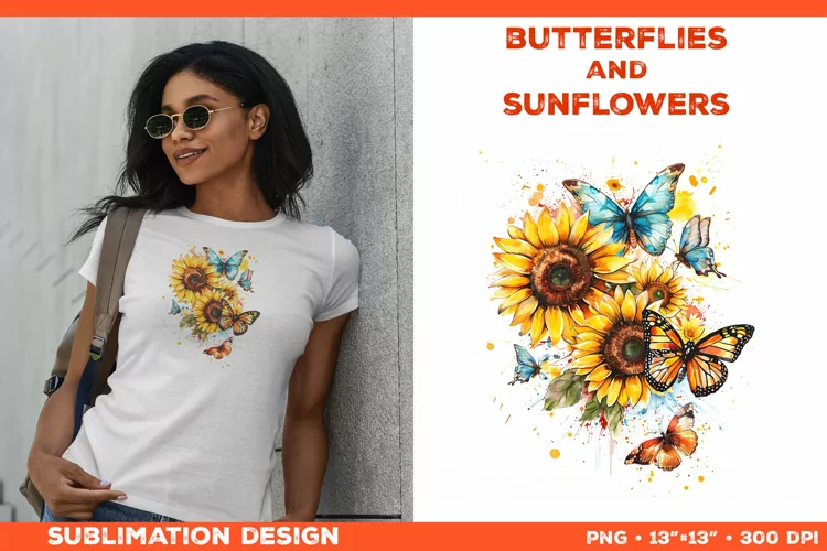 Watercolor Butterflies and Sunflowers T-Shirt Design PNG