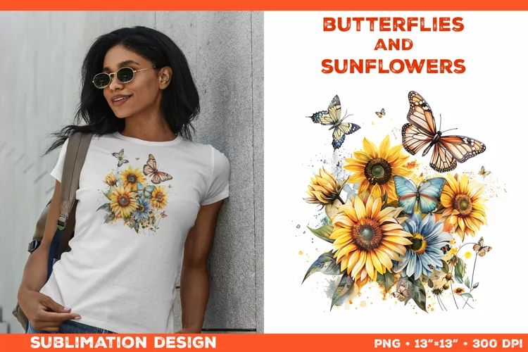 Watercolor Butterflies and Sunflowers T-Shirt Design PNG