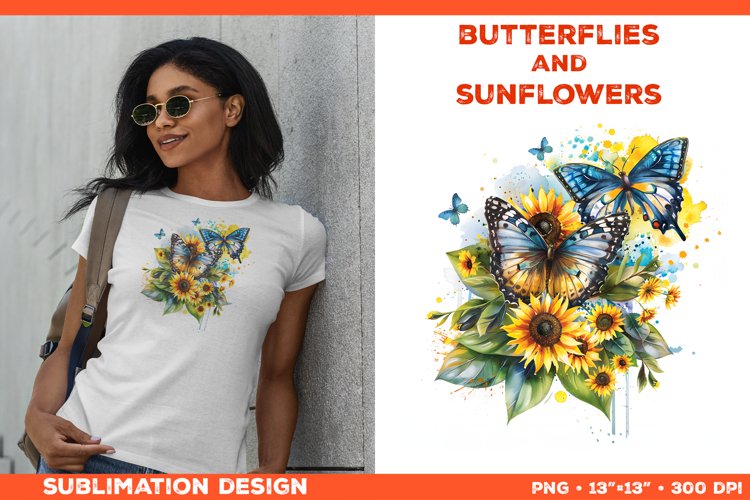 Watercolor Butterflies and Sunflowers T-Shirt Design PNG example image 1