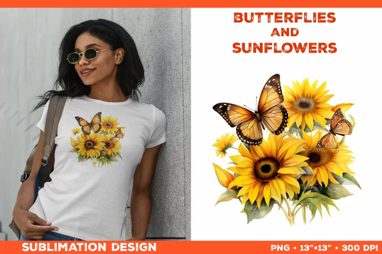 Watercolor Butterflies and Sunflowers T-Shirt Design PNG