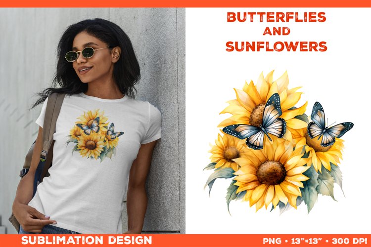Watercolor Butterflies and Sunflowers T-Shirt Design PNG