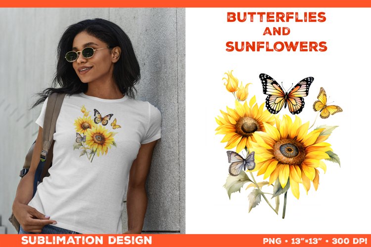 Watercolor Butterflies and Sunflowers T-Shirt Design PNG example image 1