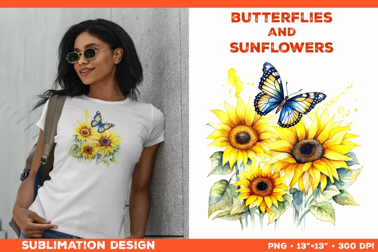 Watercolor Butterflies and Sunflowers T-Shirt Design PNG