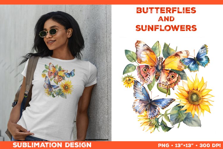 Watercolor Butterflies and Sunflowers T-Shirt Design PNG