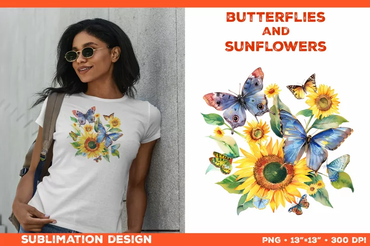 Watercolor Butterflies and Sunflowers T-Shirt Design PNG