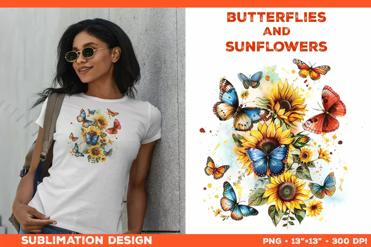 Watercolor Butterflies and Sunflowers T-Shirt Design PNG