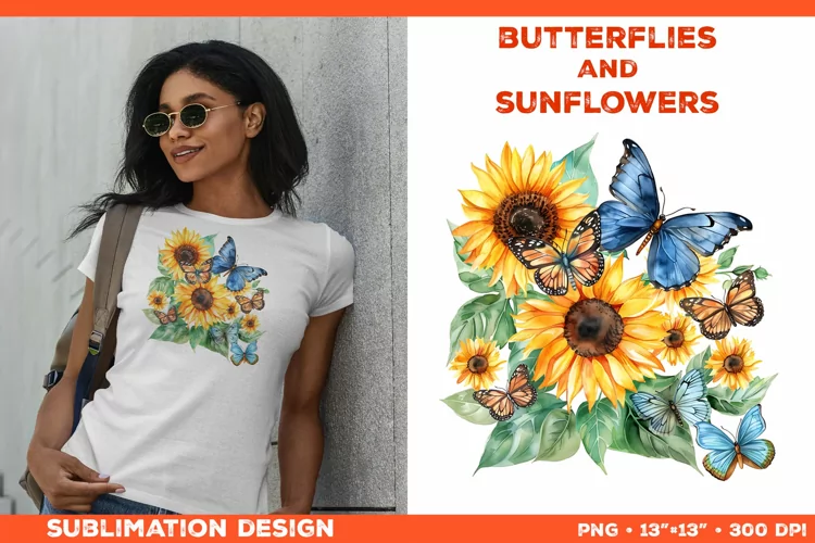 Watercolor Butterflies and Sunflowers T-Shirt Design PNG