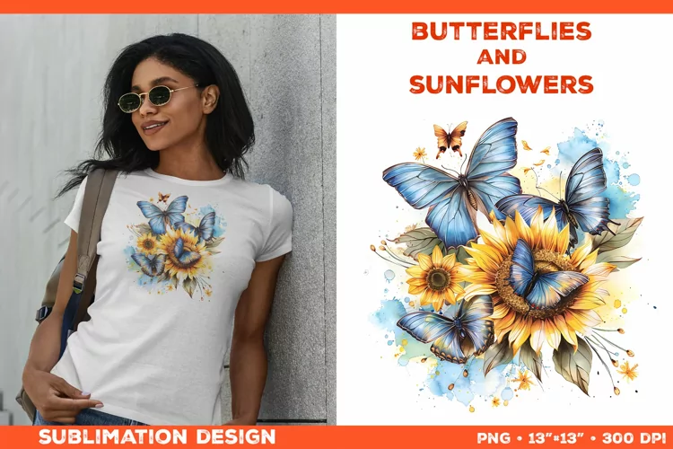 Watercolor Butterflies and Sunflowers T-Shirt Design PNG