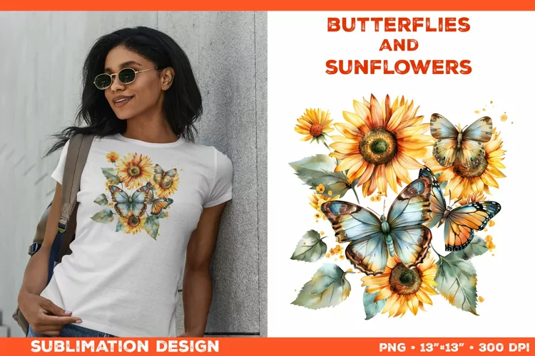 Watercolor Butterflies and Sunflowers T-Shirt Design PNG