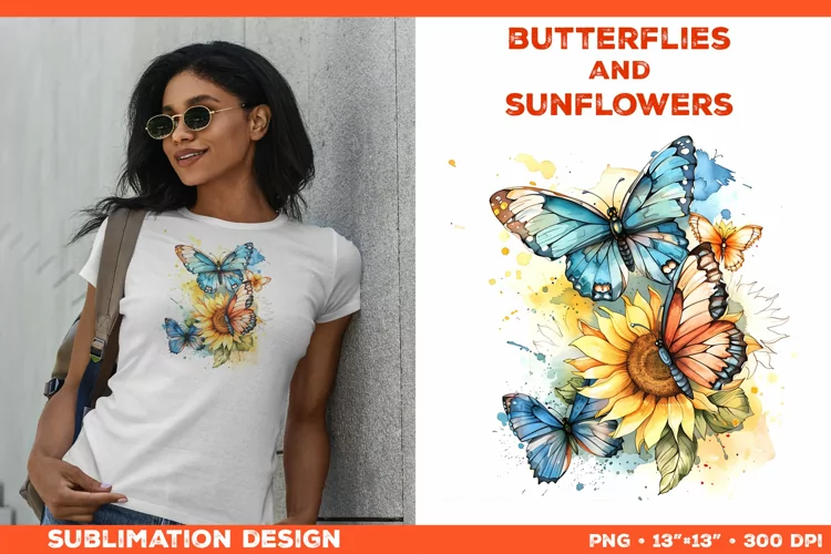 Watercolor Butterflies and Sunflowers T-Shirt Design PNG