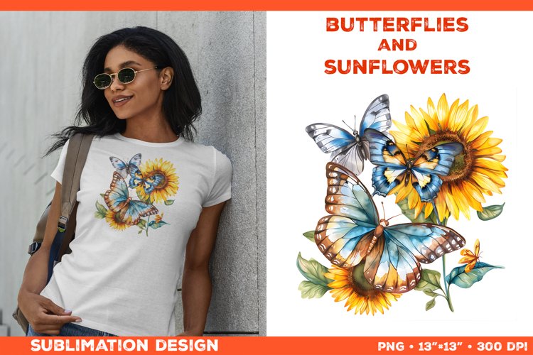 Watercolor Butterflies and Sunflowers T-Shirt Design PNG example image 1