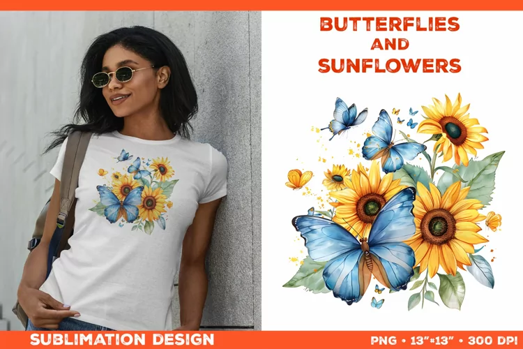 Watercolor Butterflies and Sunflowers T-Shirt Design PNG