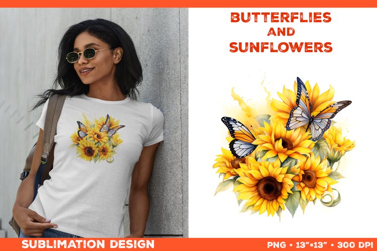 Watercolor Butterflies and Sunflowers T-Shirt Design PNG