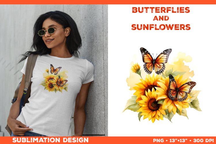 Watercolor Butterflies and Sunflowers T-Shirt Design PNG example image 1