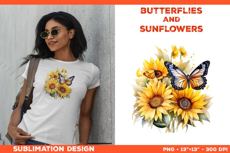 Watercolor Butterflies and Sunflowers T-Shirt Design PNG example image 1