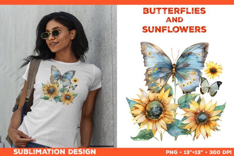 Watercolor Butterflies and Sunflowers T-Shirt Design PNG example image 1