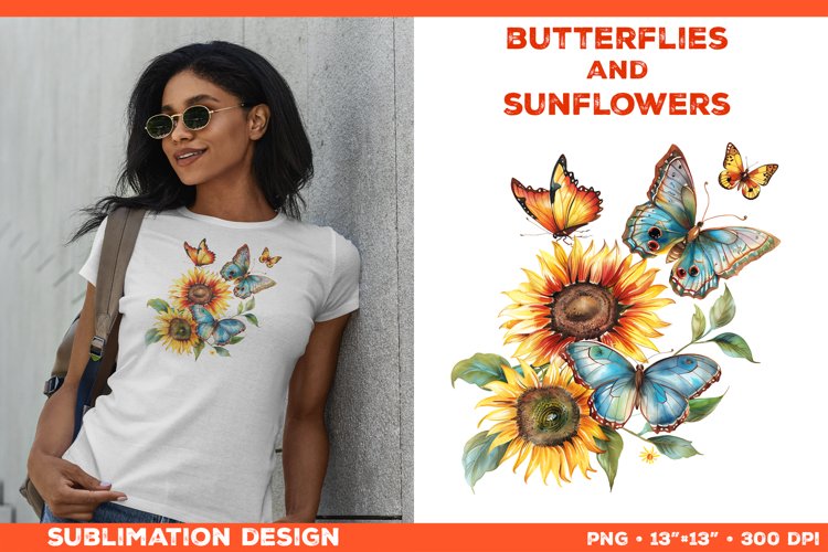 Watercolor Butterflies and Sunflowers T-Shirt Design PNG example image 1