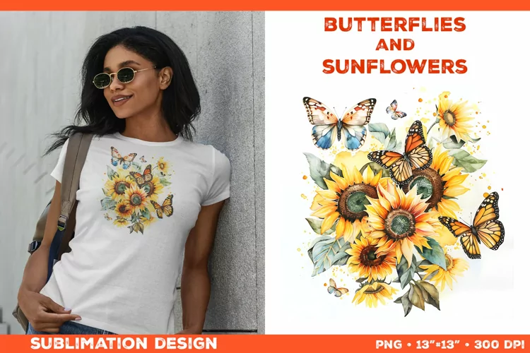 Watercolor Butterflies and Sunflowers T-Shirt Design PNG