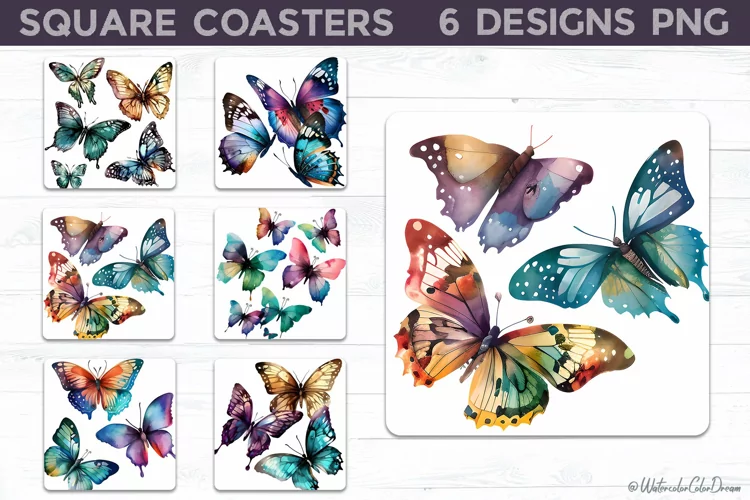 Watercolor Butterflies Square Coasters | Butterfly Coasters