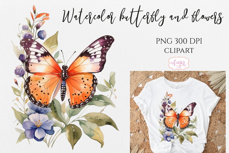 Watercolor butterfly and flowers PNG for sublimation
