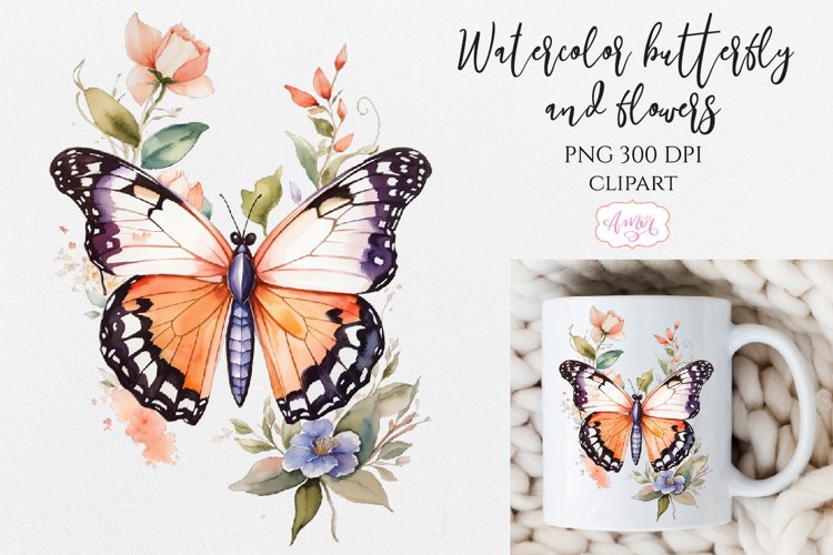 Watercolor butterfly and flowers PNG for sublimation example image 1