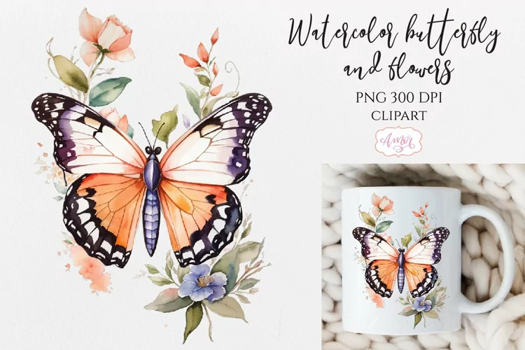 Watercolor butterfly and flowers PNG for sublimation