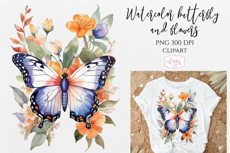 Watercolor butterfly and flowers PNG for sublimation