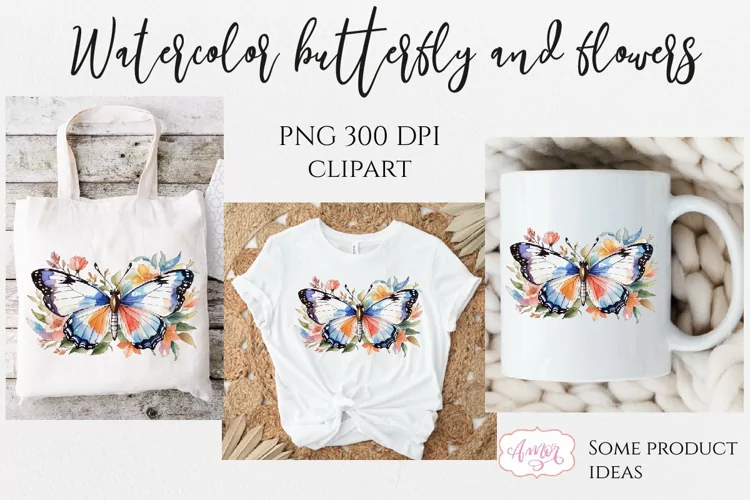 Watercolor butterfly and flowers PNG for sublimation