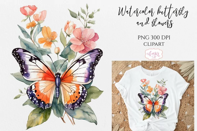 Watercolor butterfly and flowers PNG for sublimation