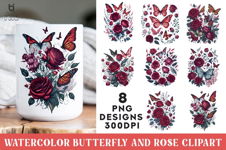 Watercolor Butterfly and Rose Clipart, Butterfly Mug PNG
