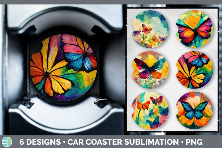 Watercolor Butterfly Car Coaster | Sublimation Designs Bundl