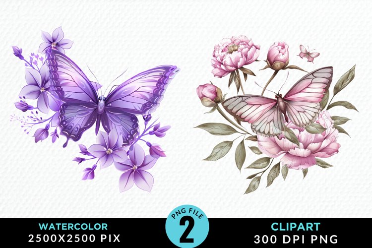 Watercolor Butterfly Flowers Set Clipart